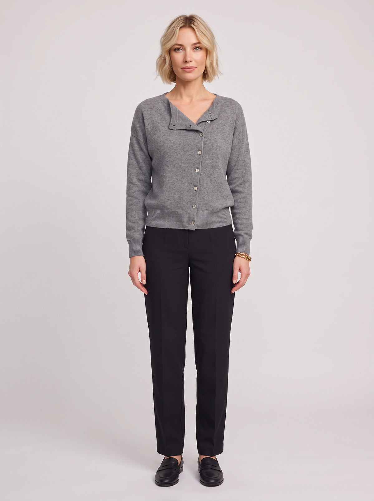 Kolvara Cardigan Col Asymétrique Boutonné – Femme Maille Tricot Bureau Décontracté Automne Chic