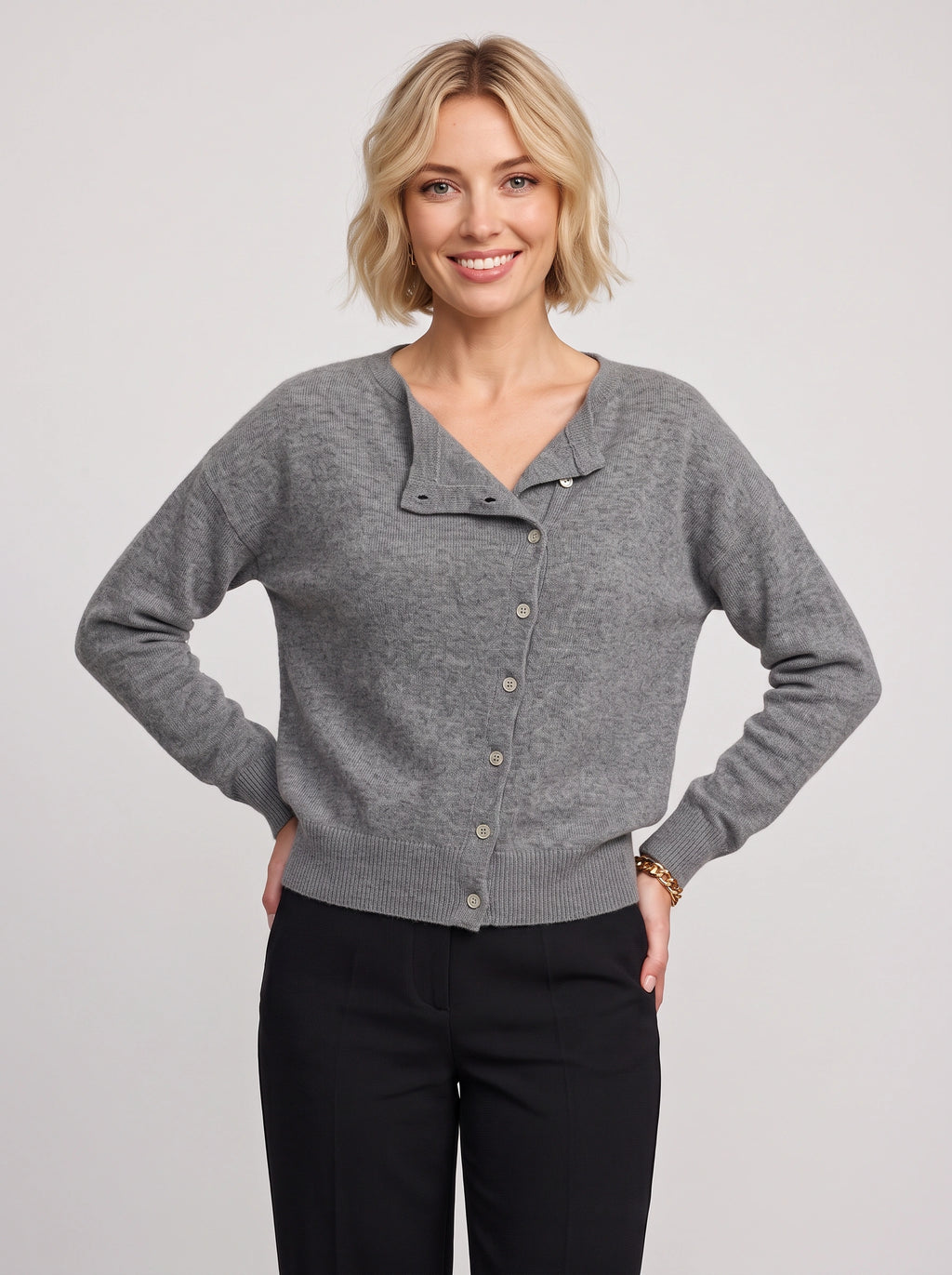 Kolvara Cardigan Col Asymétrique Boutonné – Femme Maille Tricot Bureau Décontracté Automne Chic