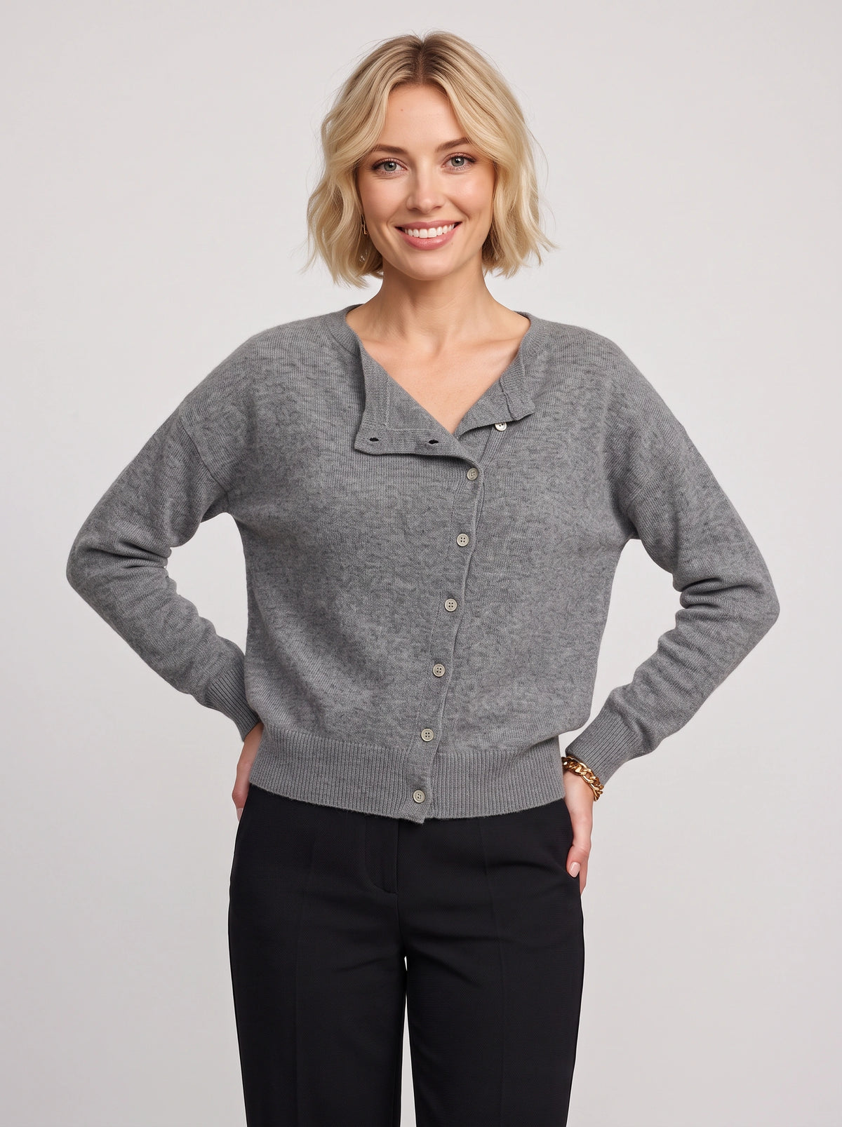 Kolvara Cardigan Col Asymétrique Boutonné – Femme Maille Tricot Bureau Décontracté Automne Chic