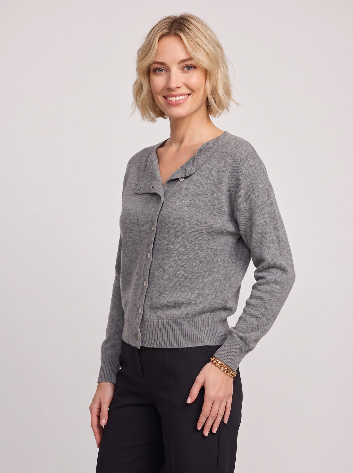 Kolvara Cardigan Col Asymétrique Boutonné – Femme Maille Tricot Bureau Décontracté Automne Chic