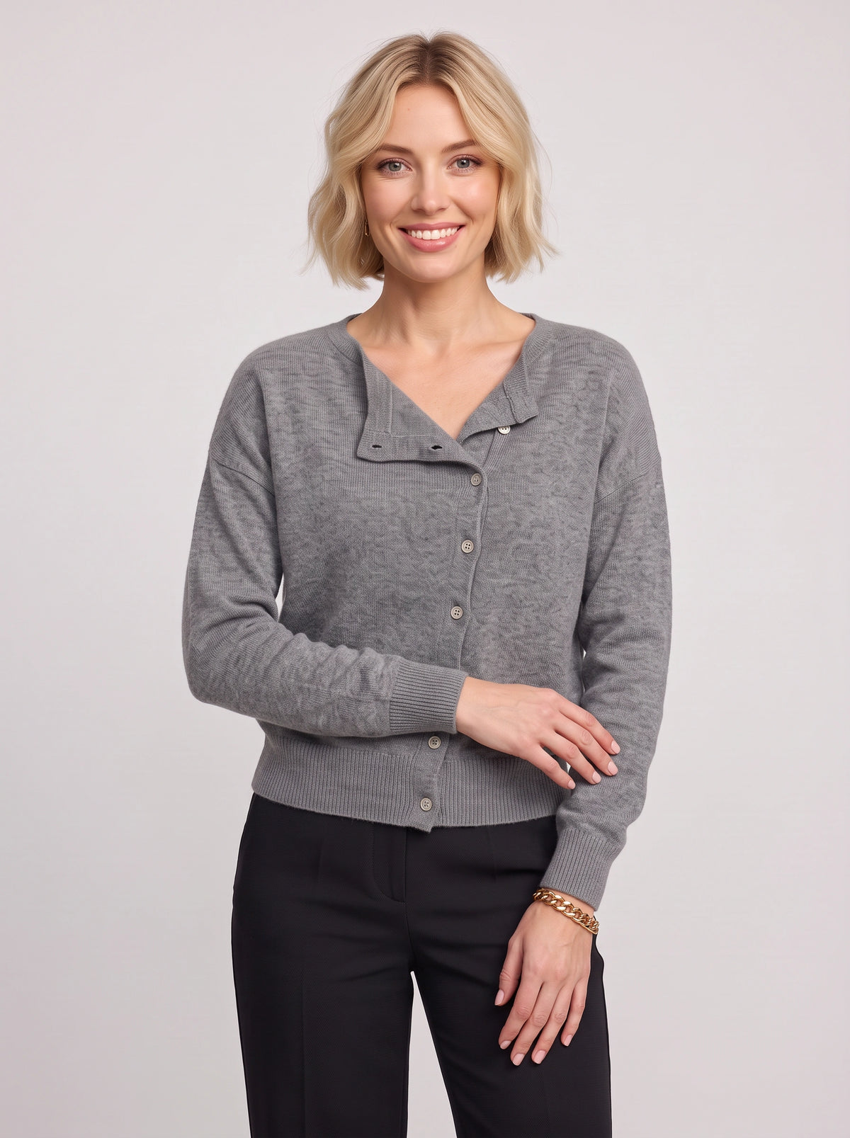 Kolvara Cardigan Col Asymétrique Boutonné – Femme Maille Tricot Bureau Décontracté Automne Chic