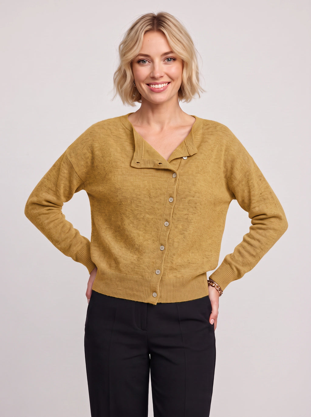 Kolvara Cardigan Col Asymétrique Boutonné – Femme Maille Tricot Bureau Décontracté Automne Chic