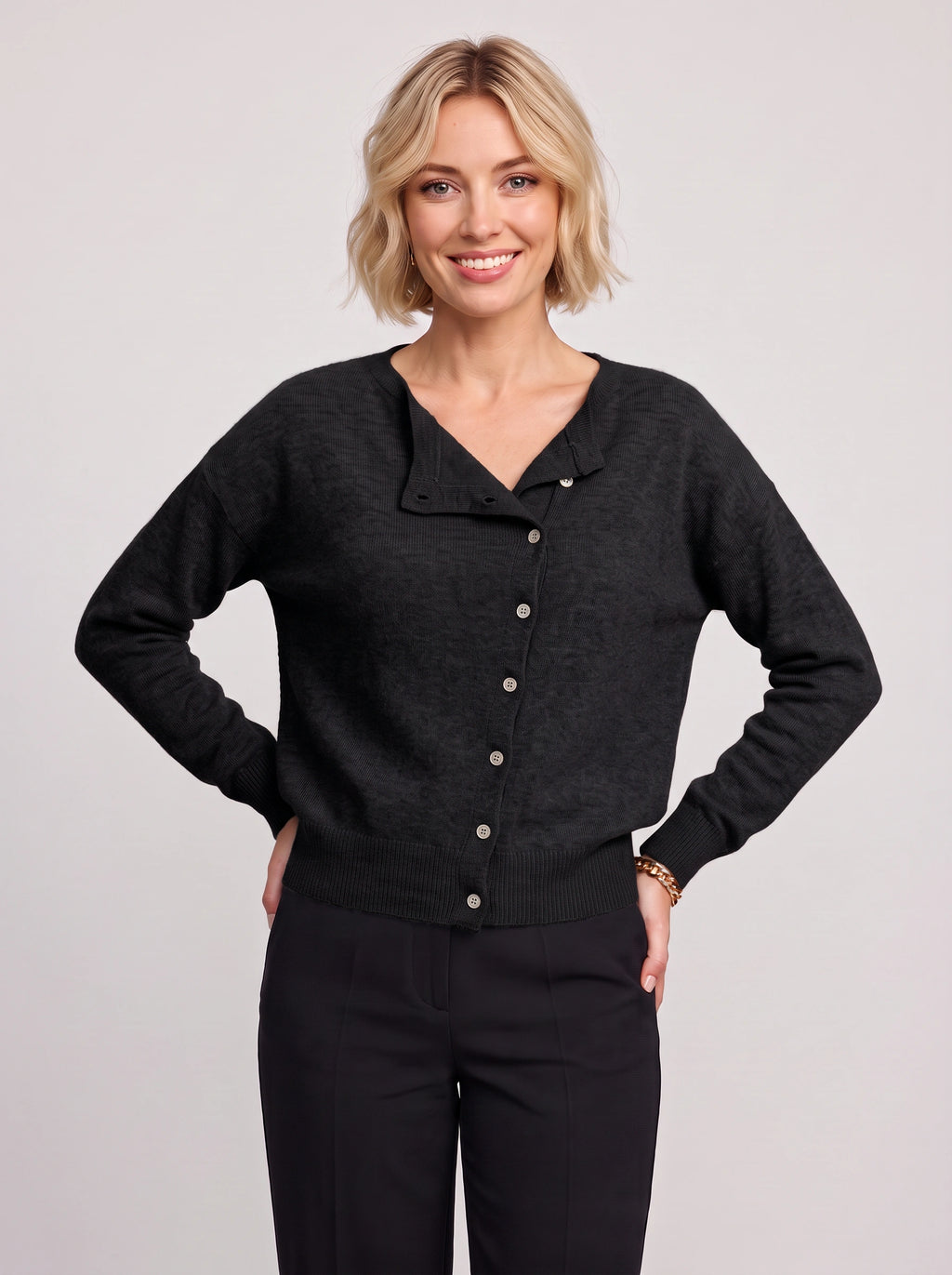 Kolvara Cardigan Col Asymétrique Boutonné – Femme Maille Tricot Bureau Décontracté Automne Chic