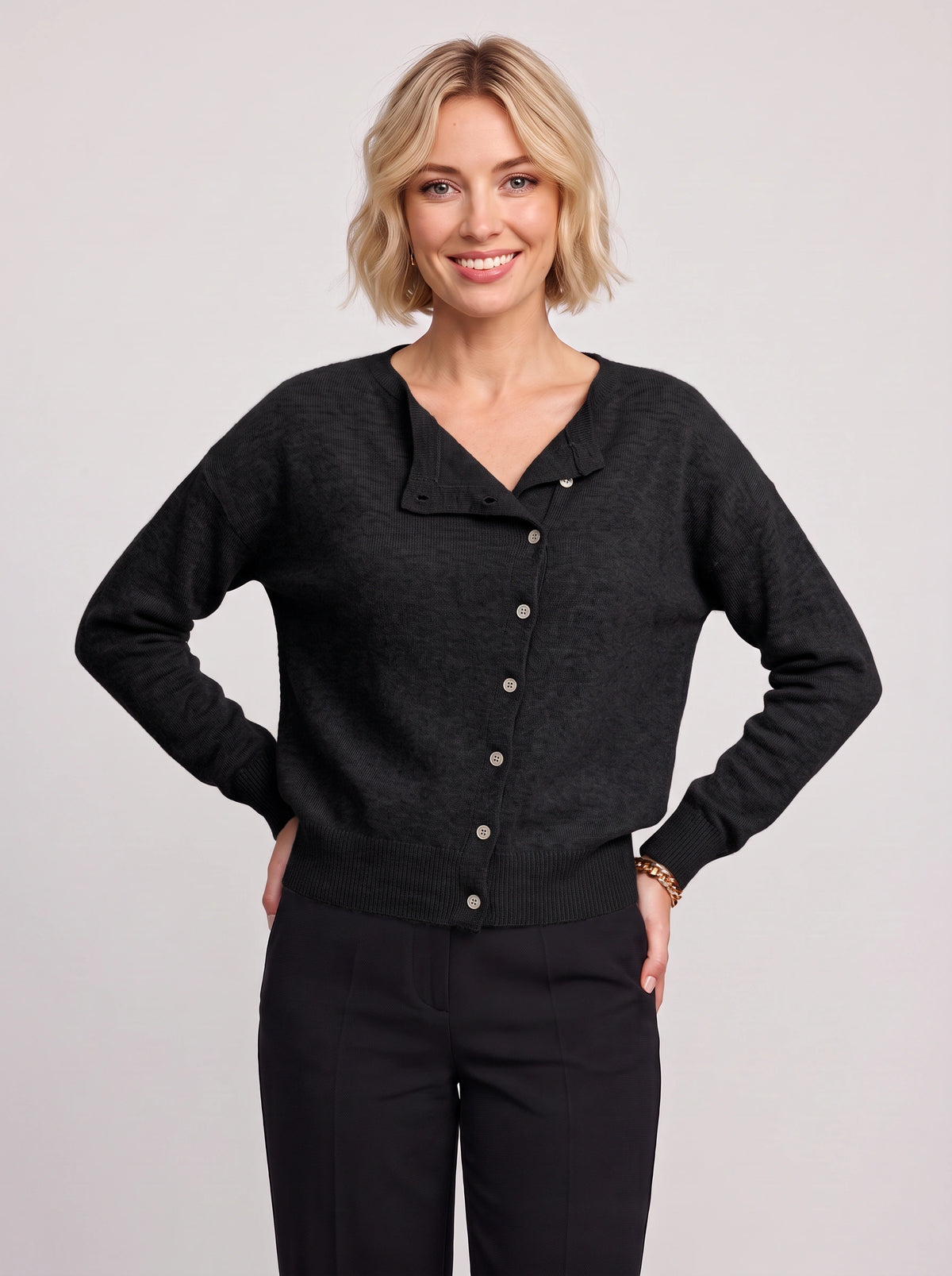 Kolvara Cardigan Col Asymétrique Boutonné – Femme Maille Tricot Bureau Décontracté Automne Chic