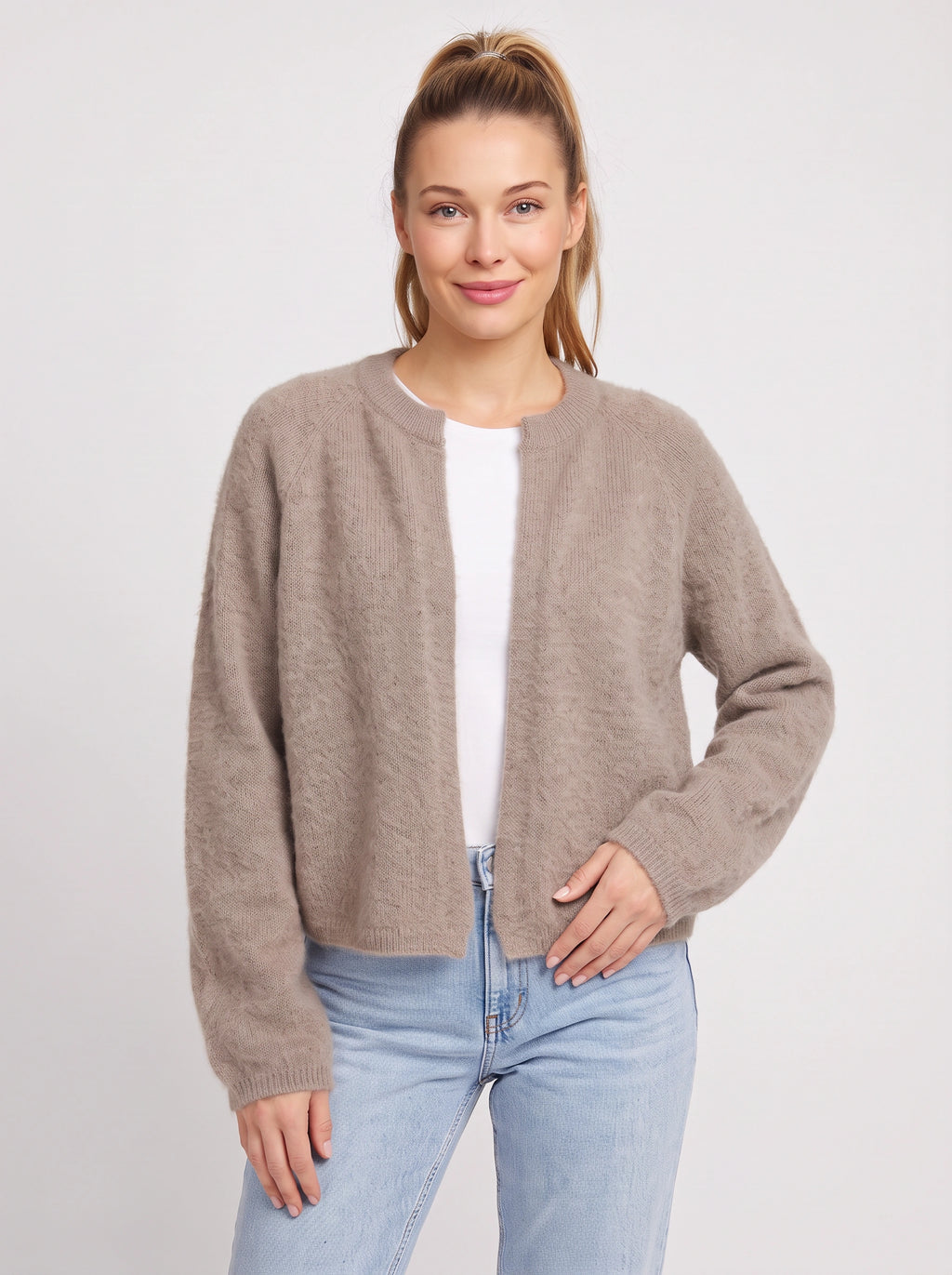 Knitara Cardigan Ouvert Court – Femme Automne Bureau Décontracté Maille Douce Manches Longues