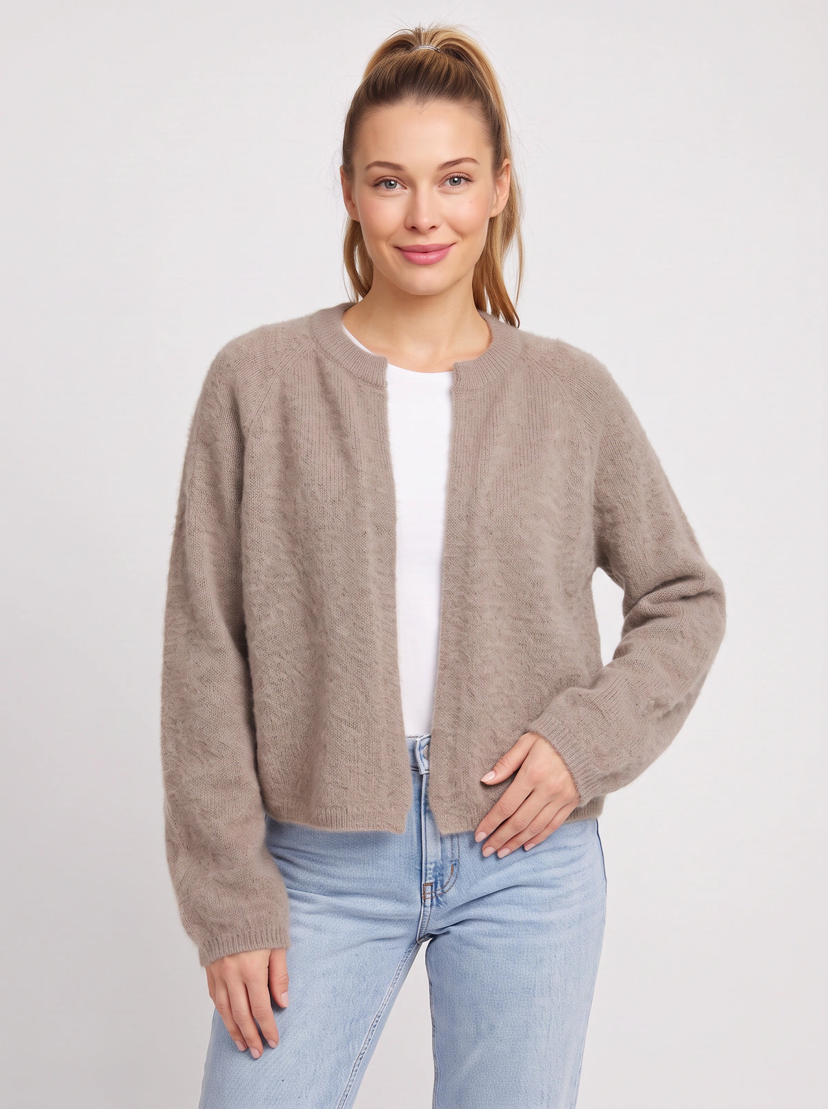 Knitara Cardigan Ouvert Court – Femme Automne Bureau Décontracté Maille Douce Manches Longues