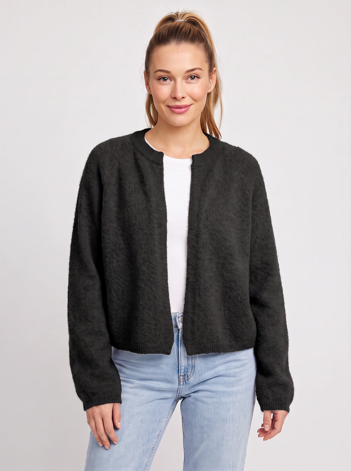 Knitara Cardigan Ouvert Court – Femme Automne Bureau Décontracté Maille Douce Manches Longues