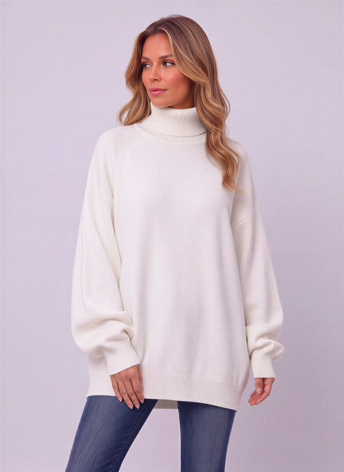 Kalla Pull Oversize Col Roulé – Femme Automne Hiver Maille Doux Cocooning Bureau Décontracté Long