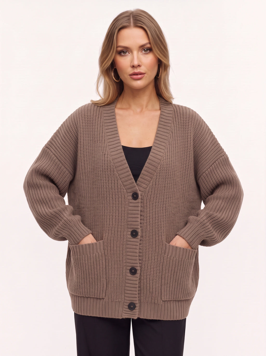 Maglia Cardigan Oversize Côtelé – Femme Automne Boutonné Poches Cocooning Décontracté