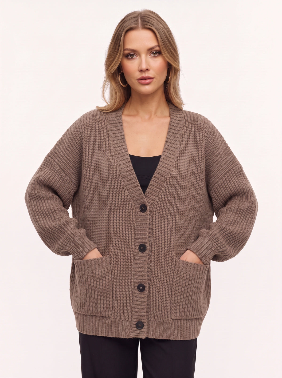 Maglia Cardigan Oversize Côtelé – Femme Automne Boutonné Poches Cocooning Décontracté
