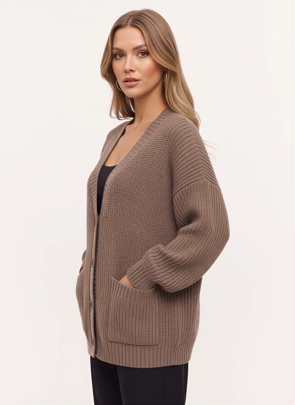 Maglia Cardigan Oversize Côtelé – Femme Automne Boutonné Poches Cocooning Décontracté