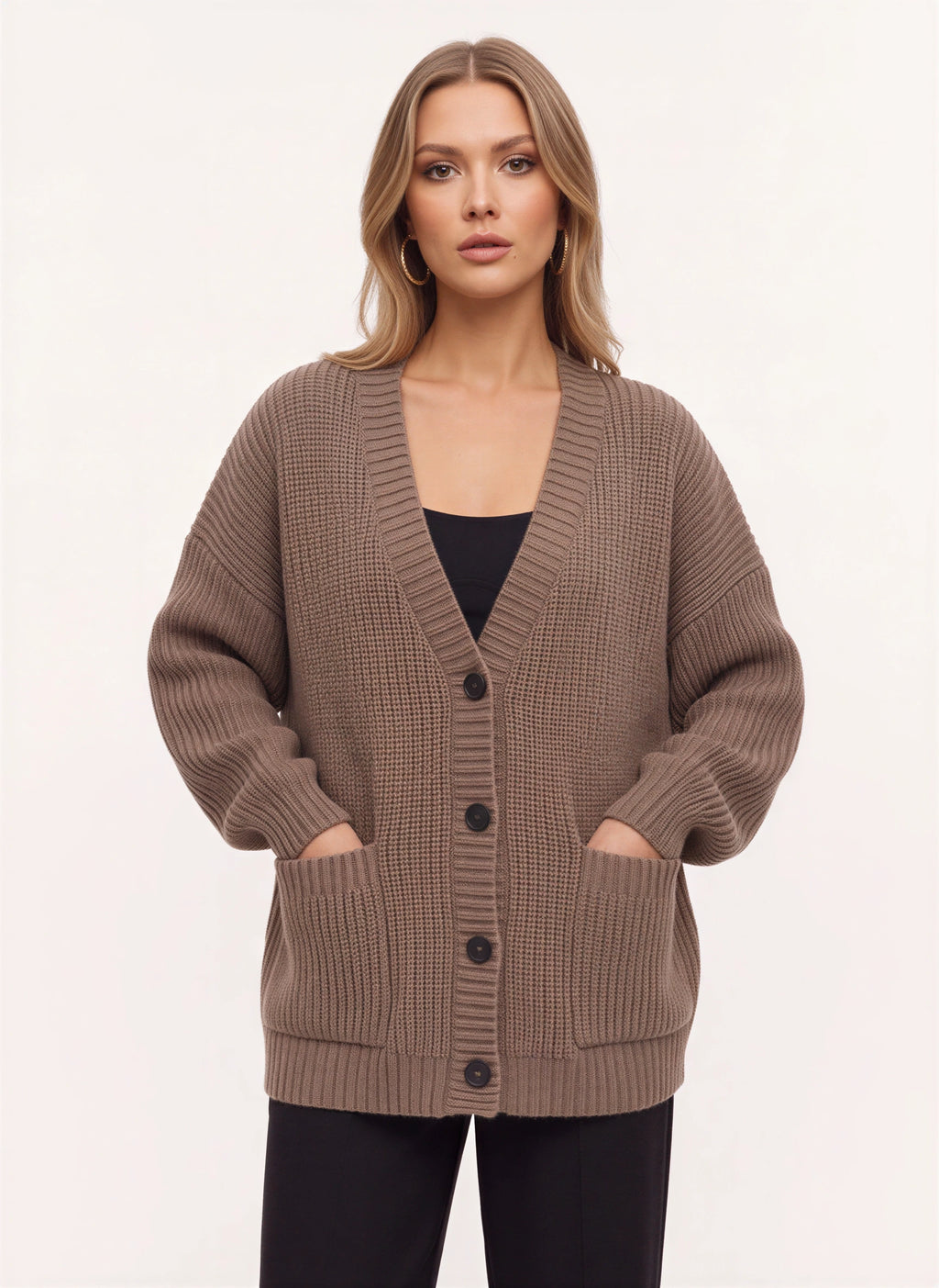 Maglia Cardigan Oversize Côtelé – Femme Automne Boutonné Poches Cocooning Décontracté