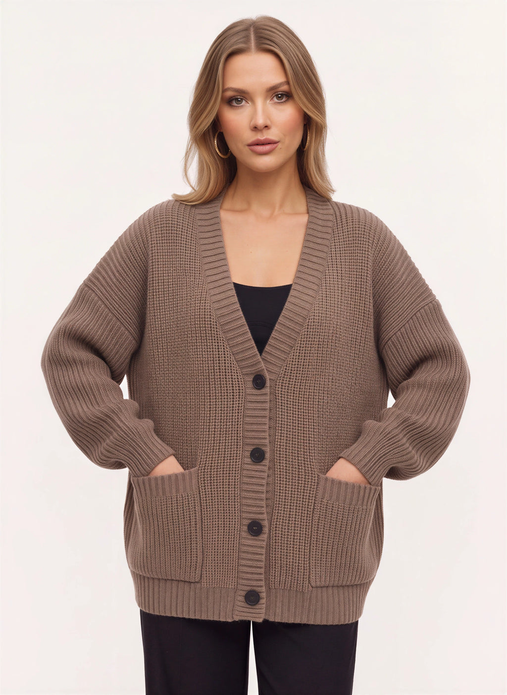 Maglia Cardigan Oversize Côtelé – Femme Automne Boutonné Poches Cocooning Décontracté