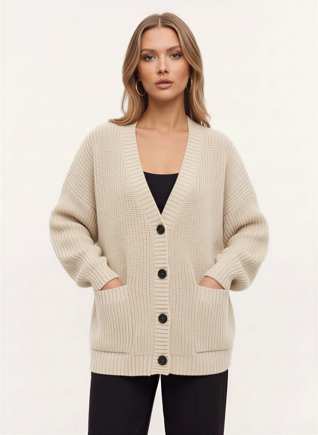 Maglia Cardigan Oversize Côtelé – Femme Automne Boutonné Poches Cocooning Décontracté