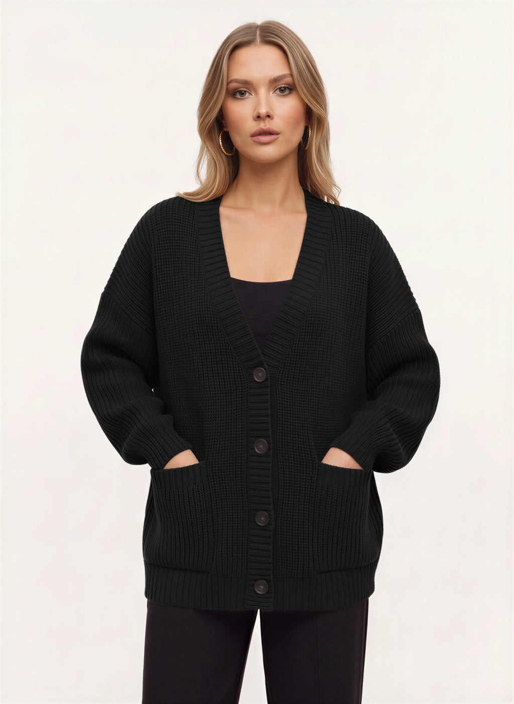 Maglia Cardigan Oversize Côtelé – Femme Automne Boutonné Poches Cocooning Décontracté