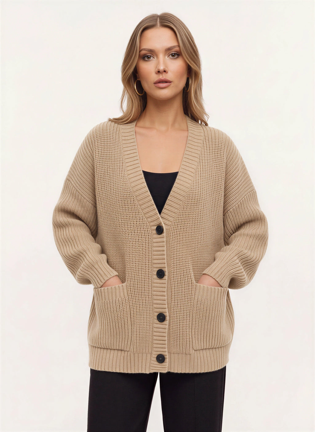Maglia Cardigan Oversize Côtelé – Femme Automne Boutonné Poches Cocooning Décontracté
