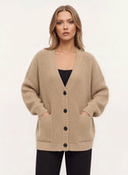 Maglia Cardigan Oversize Côtelé – Femme Automne Boutonné Poches Cocooning Décontracté