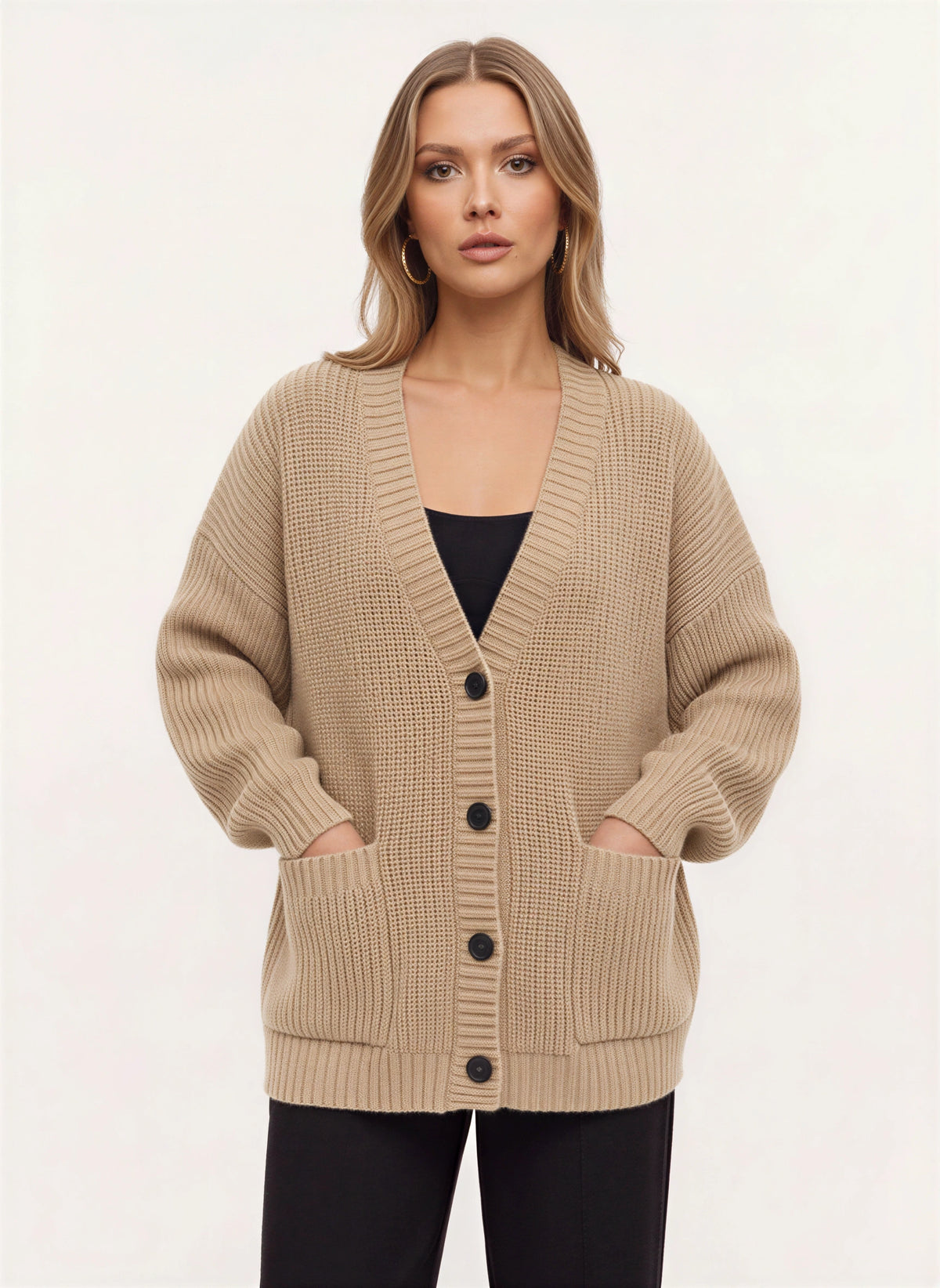 Maglia Cardigan Oversize Côtelé – Femme Automne Boutonné Poches Cocooning Décontracté