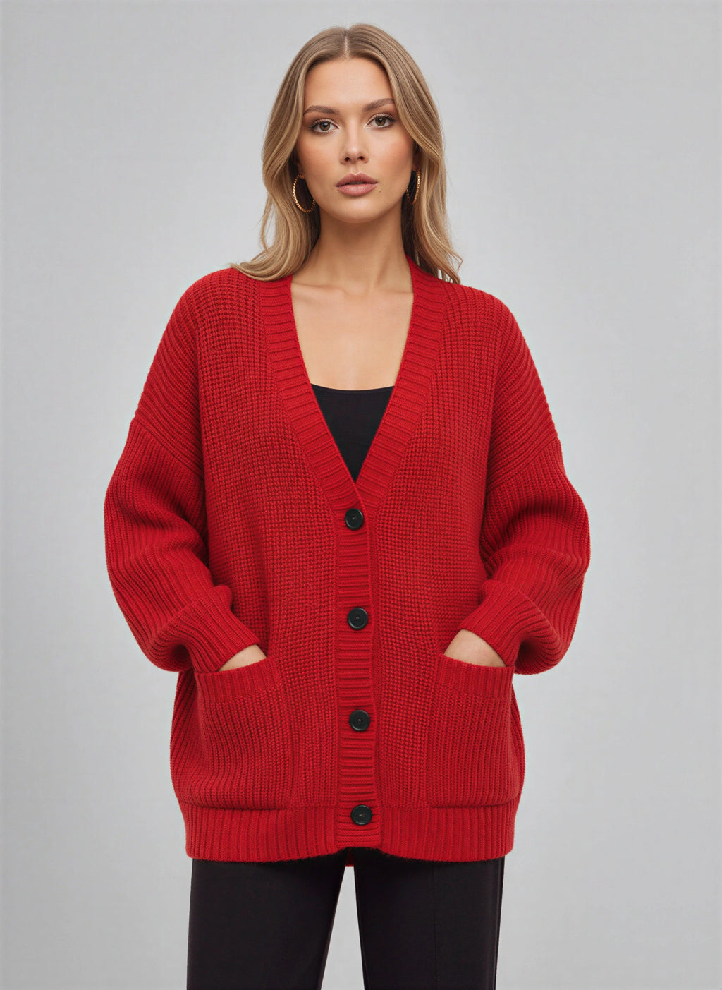 Maglia Cardigan Oversize Côtelé – Femme Automne Boutonné Poches Cocooning Décontracté