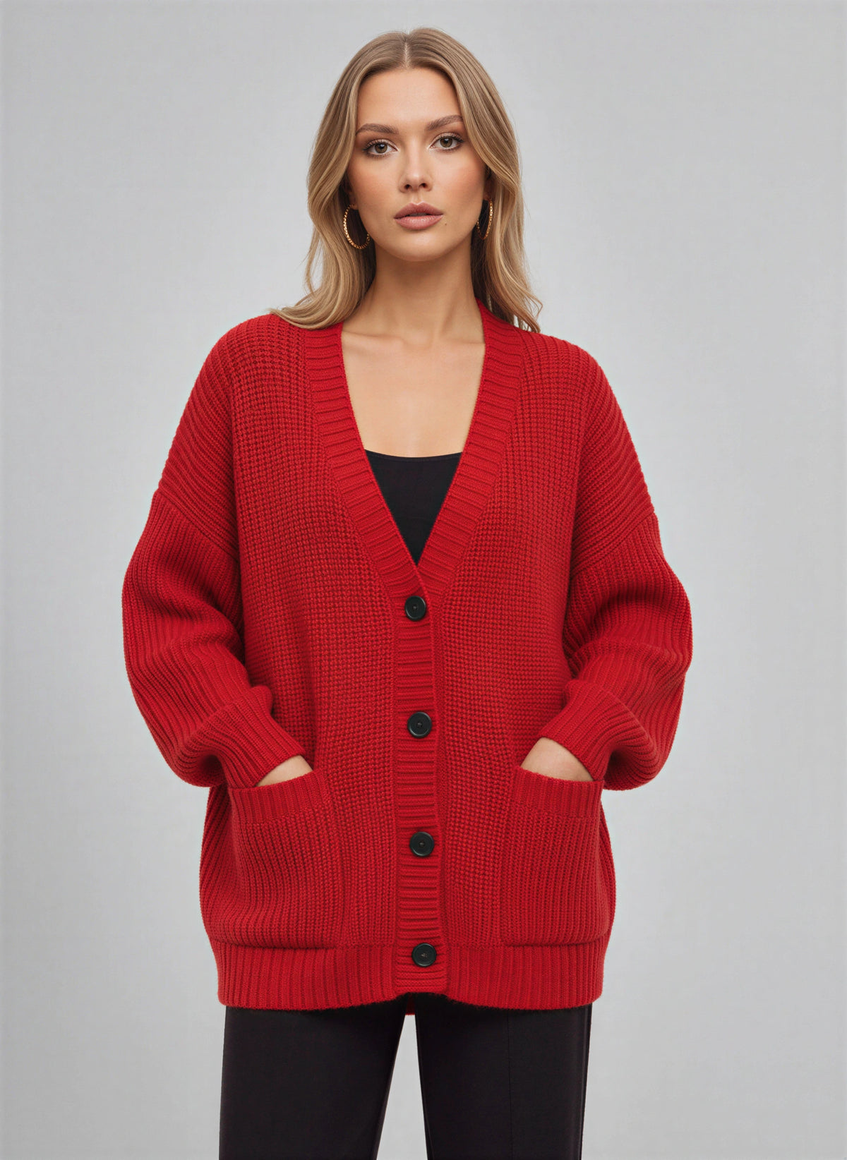 Maglia Cardigan Oversize Côtelé – Femme Automne Boutonné Poches Cocooning Décontracté