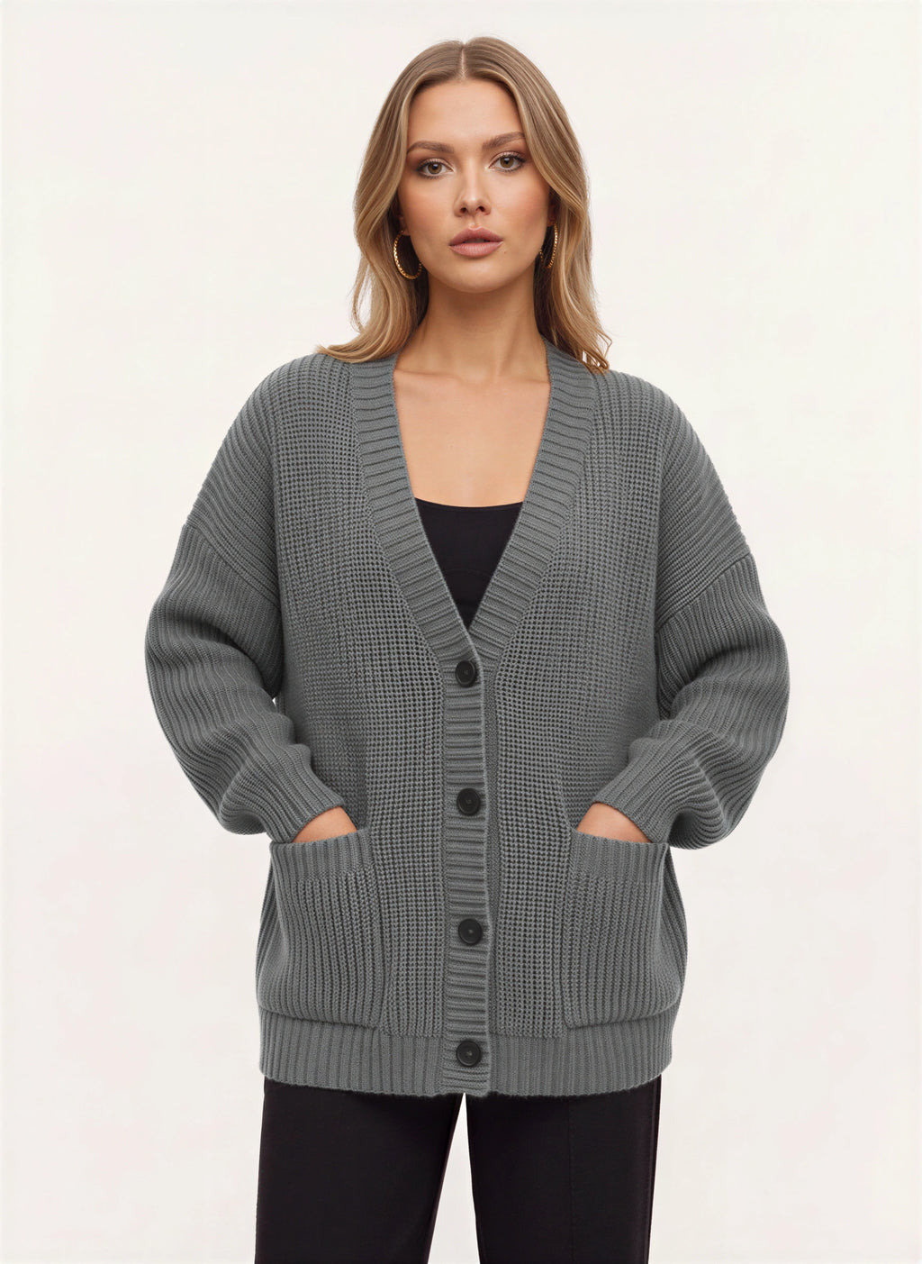 Maglia Cardigan Oversize Côtelé – Femme Automne Boutonné Poches Cocooning Décontracté