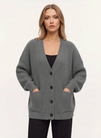 Maglia Cardigan Oversize Côtelé – Femme Automne Boutonné Poches Cocooning Décontracté