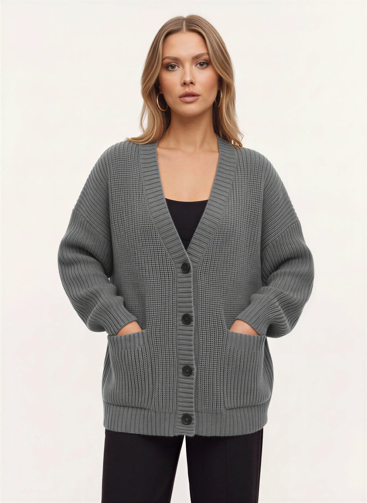 Maglia Cardigan Oversize Côtelé – Femme Automne Boutonné Poches Cocooning Décontracté