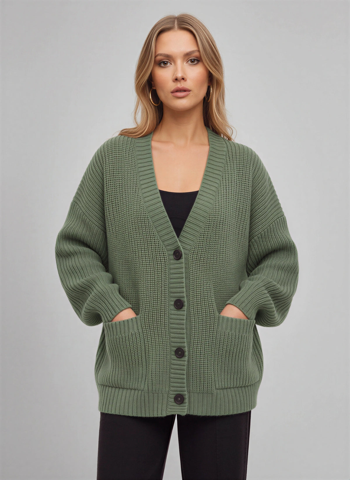 Maglia Cardigan Oversize Côtelé – Femme Automne Boutonné Poches Cocooning Décontracté
