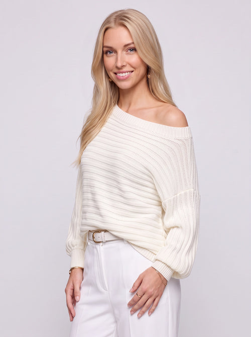 Aira Pull Épaule Dénudée Maille Côtelée – Femme Automne Tricot Oversize Décontracté Souple