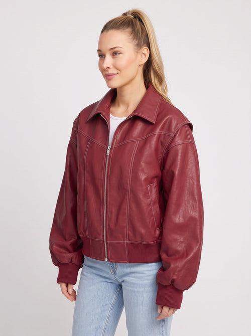 Corsina Veste Cuir Oversize – Femme Automne Bomber Aviateur Côtelé Zippé Col Classique Streetwear