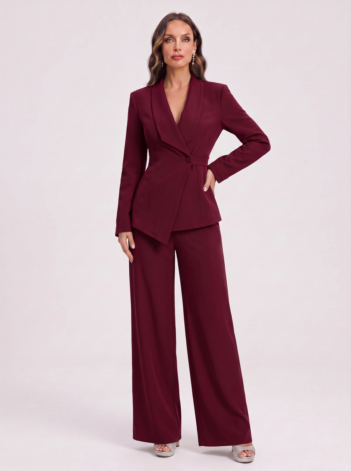 Silara Ensemble Tailleur Pantalon – Femme Bureau Chic Cérémonie Soirée Jambe Large Coupe Ajustée