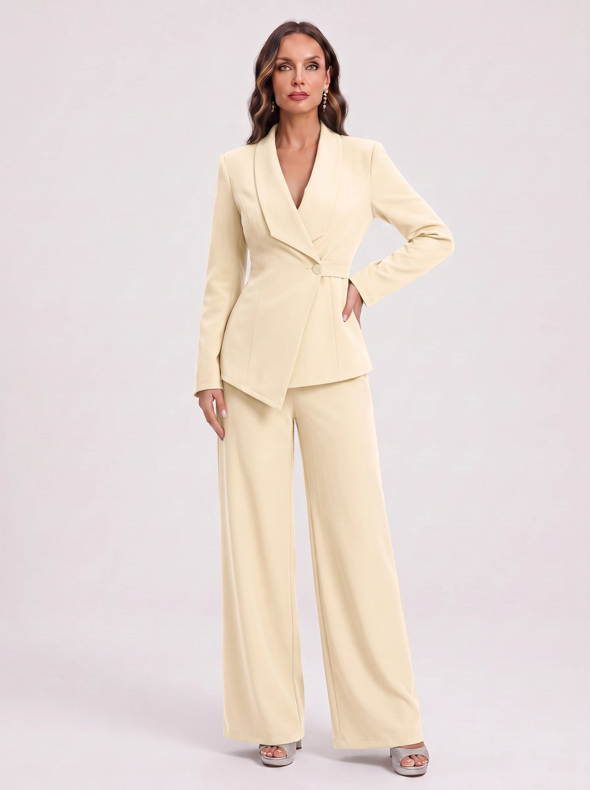 Silara Ensemble Tailleur Pantalon – Femme Bureau Chic Cérémonie Soirée Jambe Large Coupe Ajustée