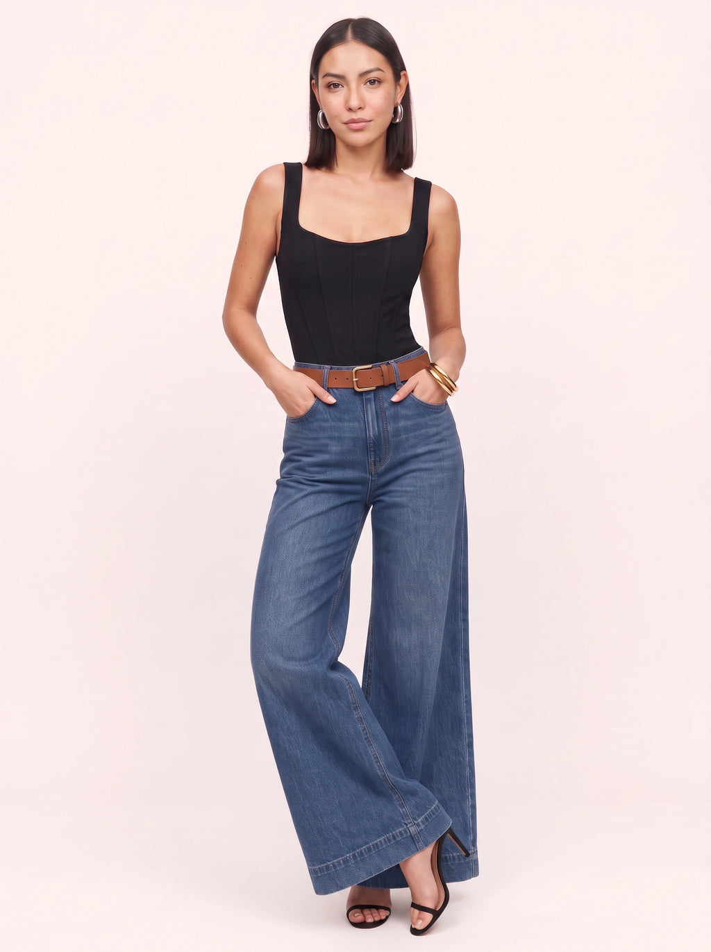 Amplio Jean Large Taille Haute – Femme Fluide Jambe Évasée Denim Automne Casual Chic