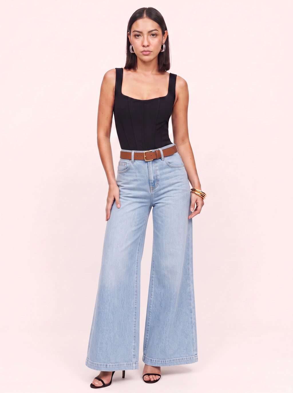 Amplio Jean Large Taille Haute – Femme Fluide Jambe Évasée Denim Automne Casual Chic