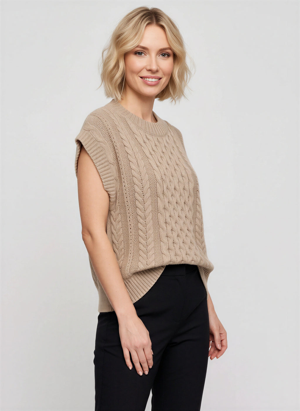 Knaera Pull Sans Manche Torsadé – Femme Automne Gilet Maille Col Rond Oversize Bureau