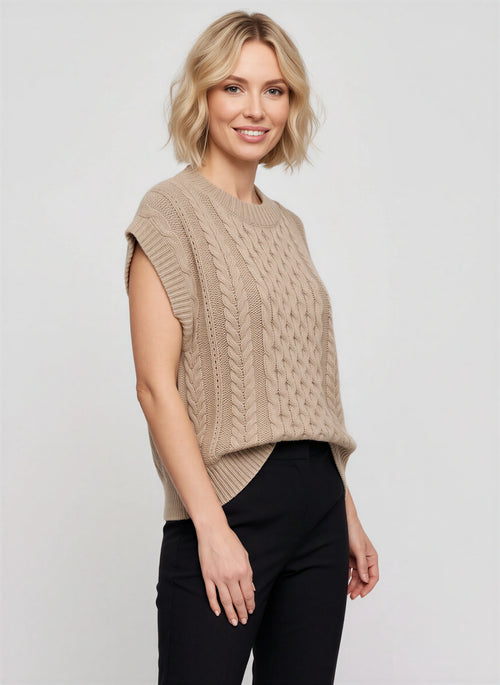 Knaera Pull Sans Manche Torsadé – Femme Automne Gilet Maille Col Rond Oversize Bureau