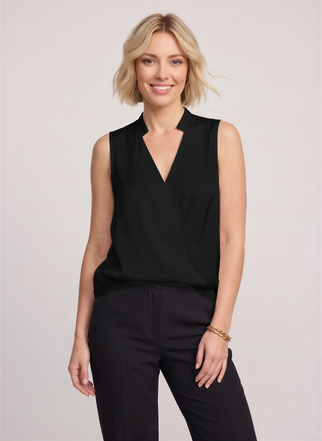 Serapha Blouse Cache-Cœur Sans Manches – Femme Bureau Chic Travail Col V Drapé Fluide Automne